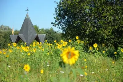 Schwarze Madonna mit Blumenwiese als Nahaufnahme