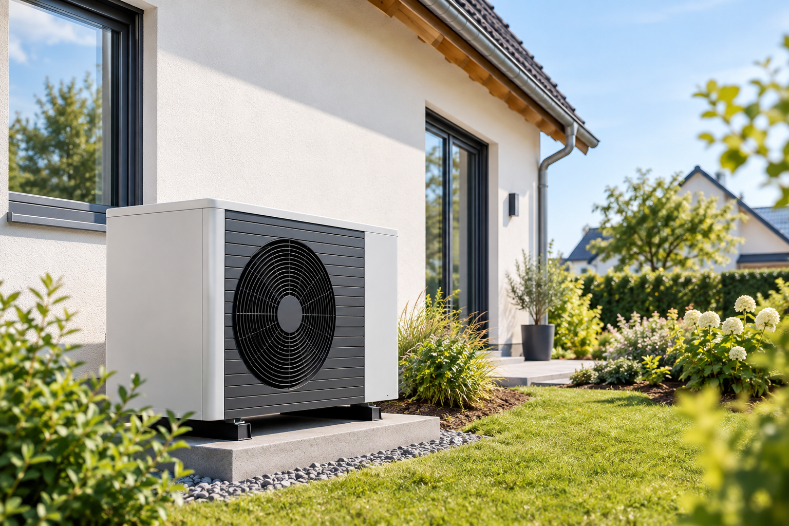 Wärmepumpe an einem Einfamilienhaus Wärmepumpe im Garten eines Einfamilienhauses