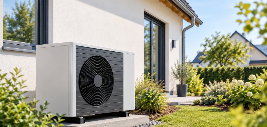 Wärmepumpe im Garten eines Einfamilienhauses